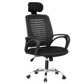 Black mesh manager chair with padded headrest, armrests, and swivel base with casters