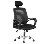 Black mesh manager chair with padded headrest, armrests, and swivel base with casters