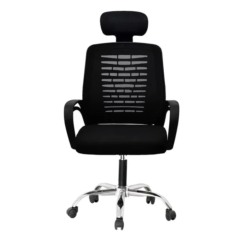 Front view black office chair, padded headrest and seat, mesh back, swivel casters