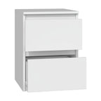 White MDF commode with upper drawer open, interior visible, two stacked drawers