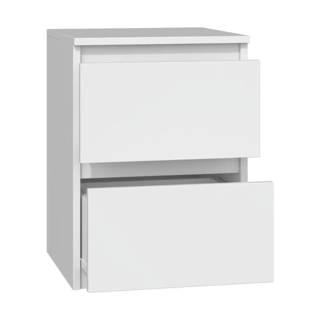White MDF commode with upper drawer open, interior visible, two stacked drawers