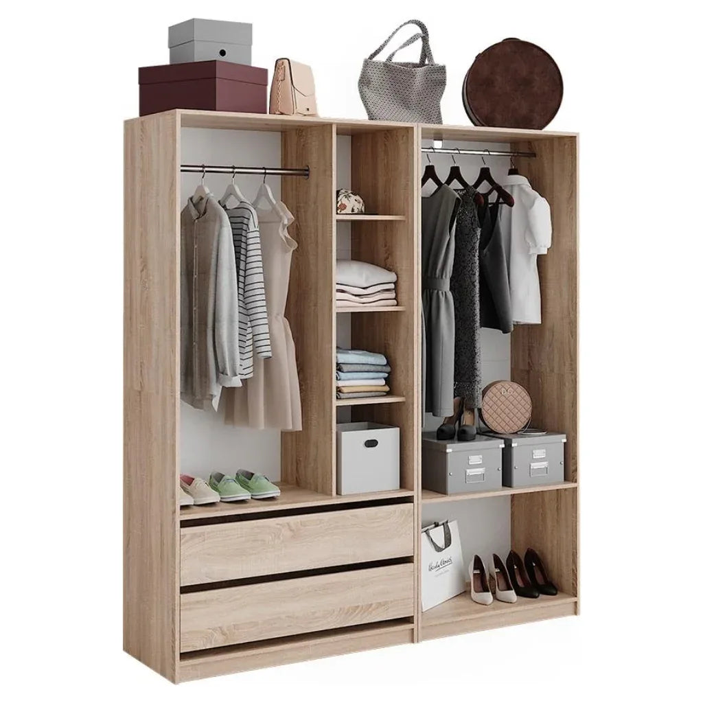 Front view light oak dressing wardrobe with two hanging sections, shelves, and storage boxes