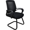 Black side chair with mesh backrest, curved armrests, and padded seat