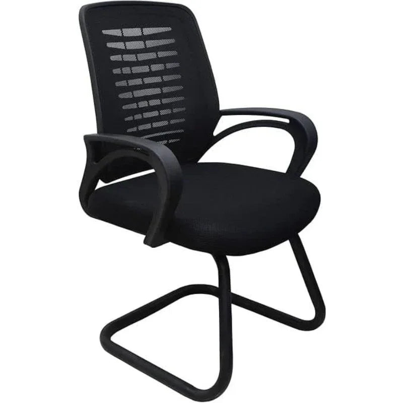 Black side chair with mesh backrest, curved armrests, and padded seat