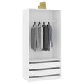 White MDF dressing cabinet with open hanging section and two drawer shelves below
