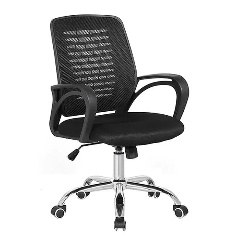 Black office chair with mesh back, armrests, swivel base and rolling casters