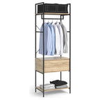 Metal clothing stand with mesh top, hanging bar, and two light wood shelves