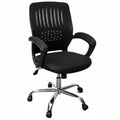 Black office chair with padded seat, curved armrests, mesh back with diamond and stripe pattern