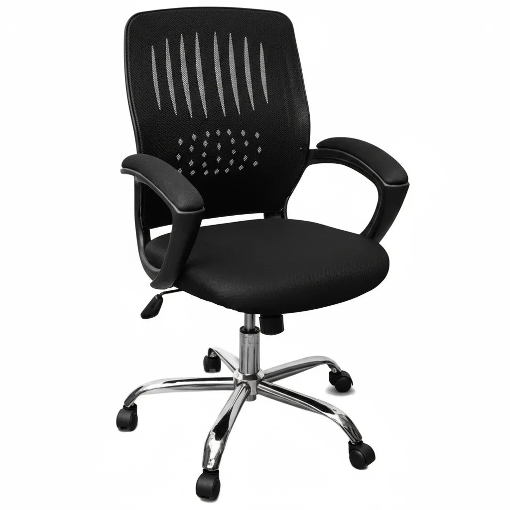 Black office chair with padded seat, curved armrests, mesh back with diamond and stripe pattern