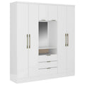 White MDF wardrobe with open center cubby, two doors, brass bar handles