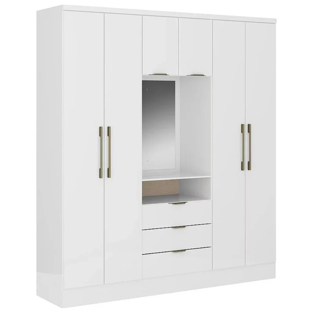 White MDF wardrobe with open center cubby, two doors, brass bar handles