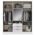 White MDF wardrobe interior with hanging rails, shelves, and three storage drawers