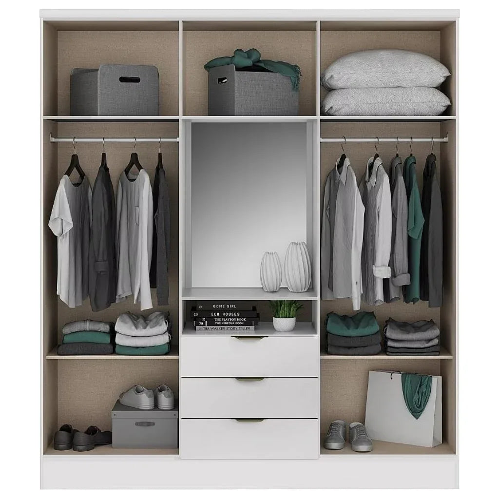 White MDF wardrobe interior with hanging rails, shelves, and three storage drawers