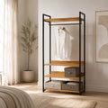 Clothes stand with black metal frame, wood shelves, hanging bar and storage boxes