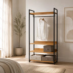 Clothes stand with black metal frame, wood shelves, hanging bar and storage boxes
