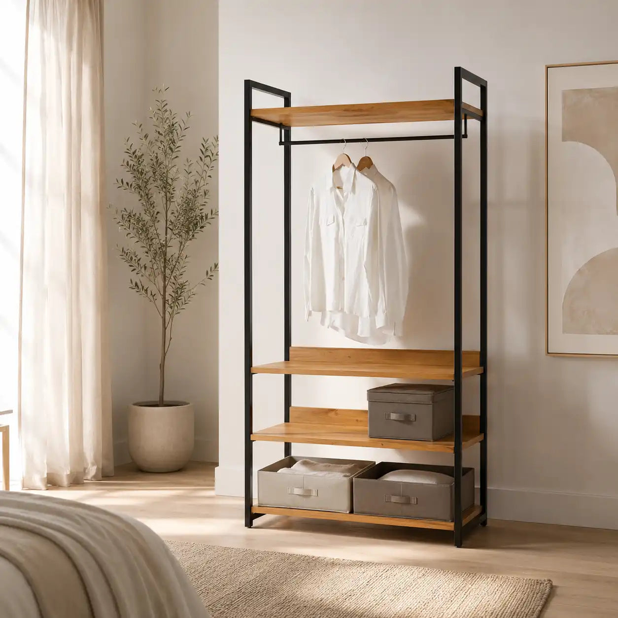 Clothes stand with black metal frame, wood shelves, hanging bar and storage boxes