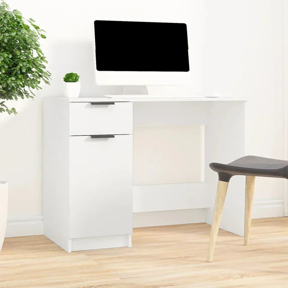 White MDF desk with drawer, open shelf, and rectangular monitor stand, 105x40x75cm