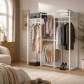White metal clothes stand with MDF shelves, hanging rails, top storage and hooks, organized clothes