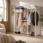 White metal clothes stand with MDF shelves, hanging rails, top storage and hooks, organized clothes