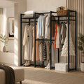 Black metal clothes stand with MDF shelves, hanging rails and hooks for coats
