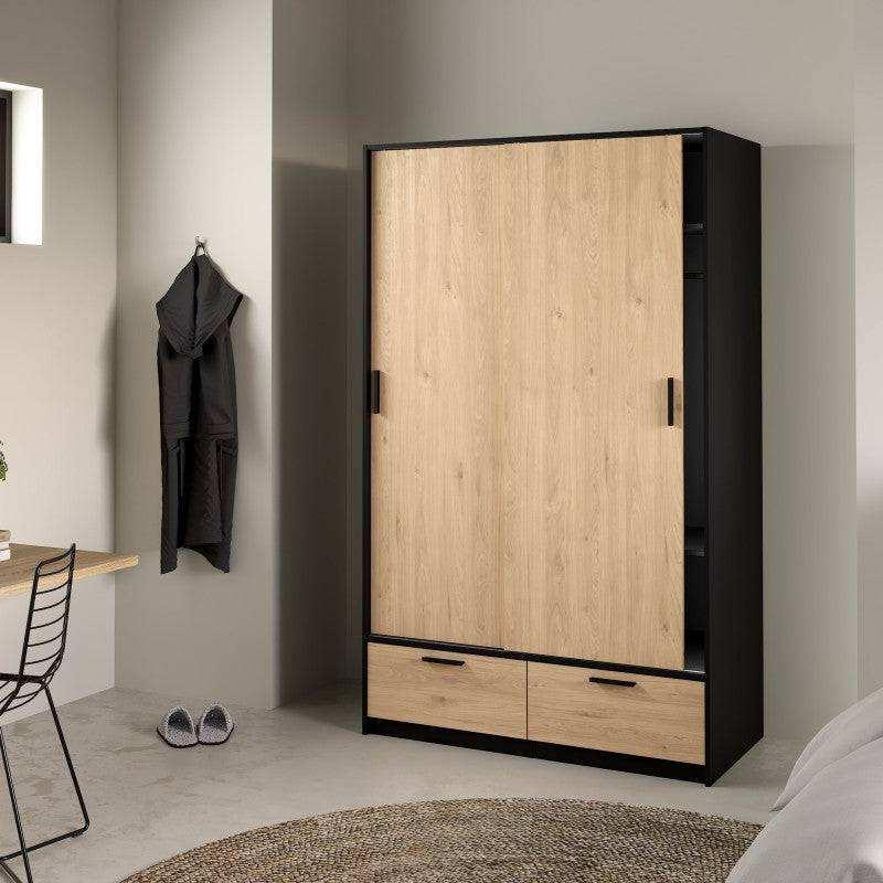 MDF wardrobe front with light wood panel door and two lower drawers, black side panels