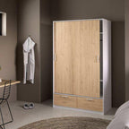 MDF wardrobe with light wood-effect door, side open shelves, two lower drawers