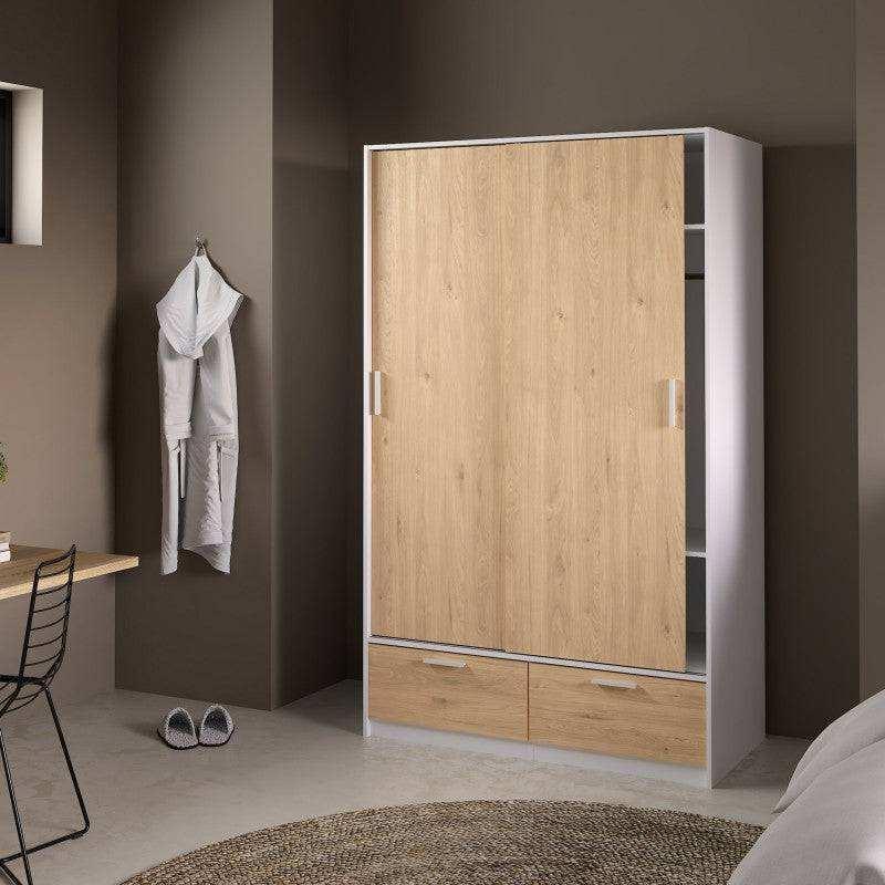 MDF wardrobe with light wood-effect door, side open shelves, two lower drawers