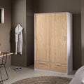 MDF wardrobe with light wood-effect front, two lower drawers, closed door front view