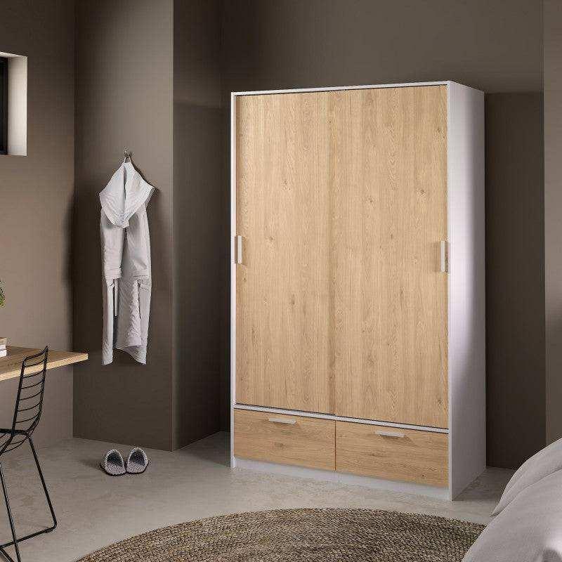 MDF wardrobe with light wood-effect front, two lower drawers, closed door front view