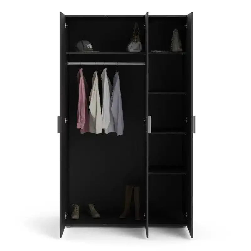 Open black wardrobe interior: hanging rail and stacked shelves behind two doors