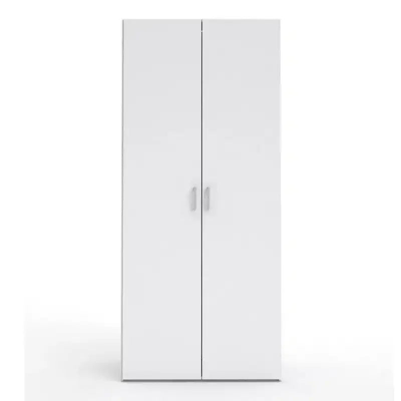 White MDF wardrobe with two vertical doors and metal handles