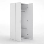 Open white MDF wardrobe with interior shelves and hanging-bar area