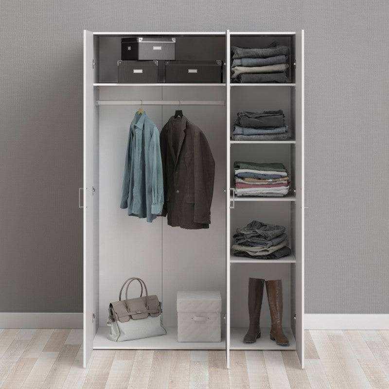 Open white wardrobe interior with hanging rail, shelves, drawers, and folded clothes