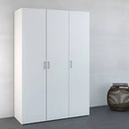 White MDF wardrobe with three doors and metal handles, clean panel design