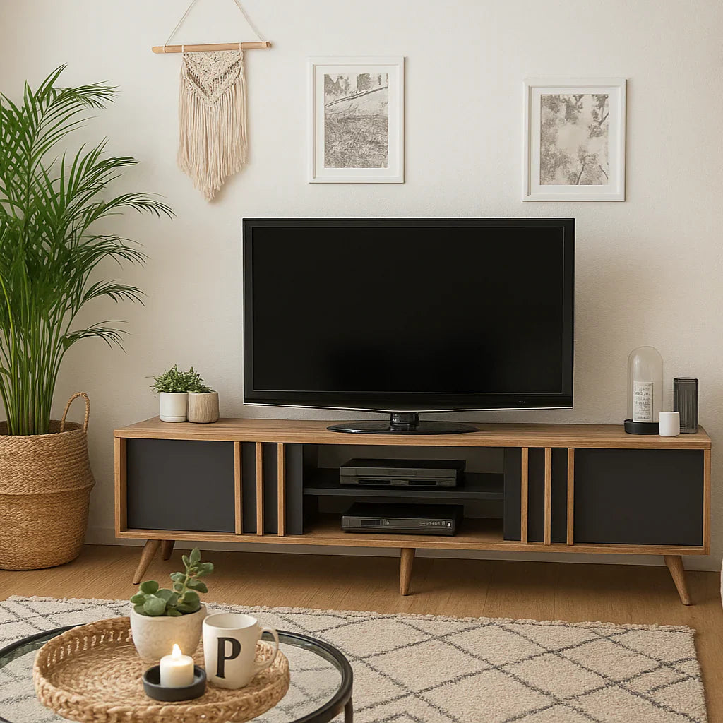 Light wood MDF TV table with open center shelf and black side cabinets, 160cm width