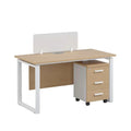 Wood-look desk with white metal frame and three drawers on rolling pedestal