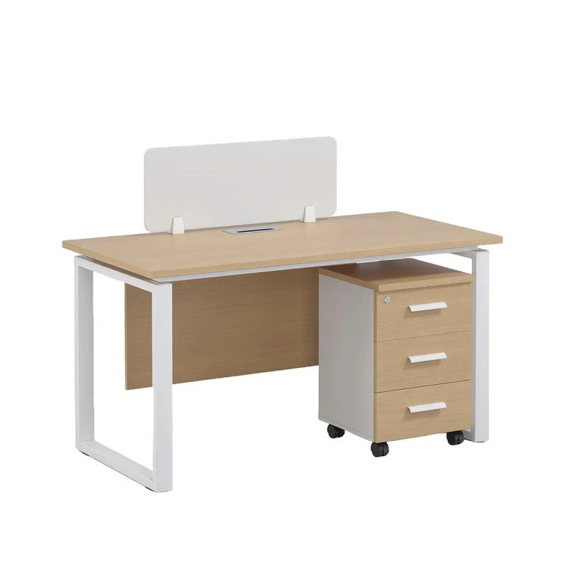 Wood-look desk with white metal frame and three drawers on rolling pedestal