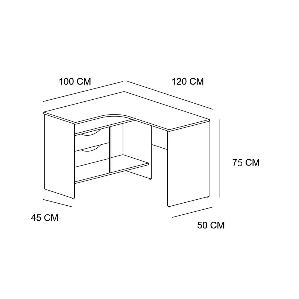 VIVA corner desk diagram with dimensions 120x100x75cm and 45cm side opening