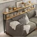 Long console table with dark metal frame and light MDF shelves, open storage design