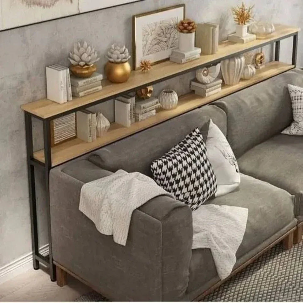 Long console table with dark metal frame and light MDF shelves, open storage design