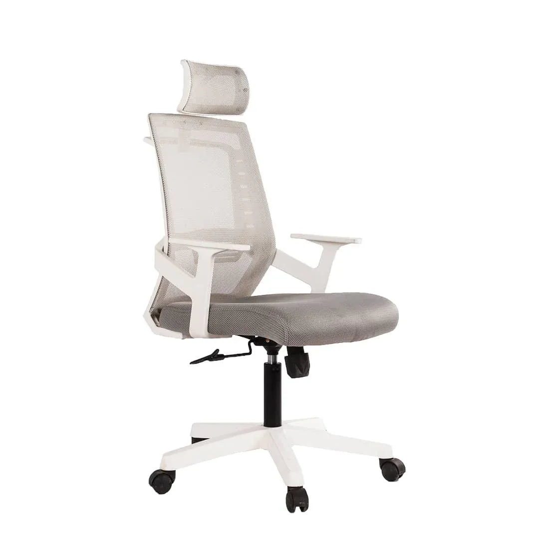 Gray mesh manager chair with cushioned seat, armrests, and white wheeled base