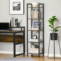 Black metal bookcase with rustic wood shelves and open frame design