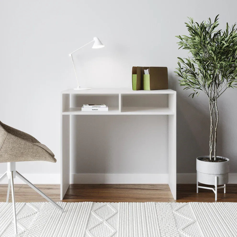 White MDF desk with open shelves and central cabinet, 80x40x80 cm