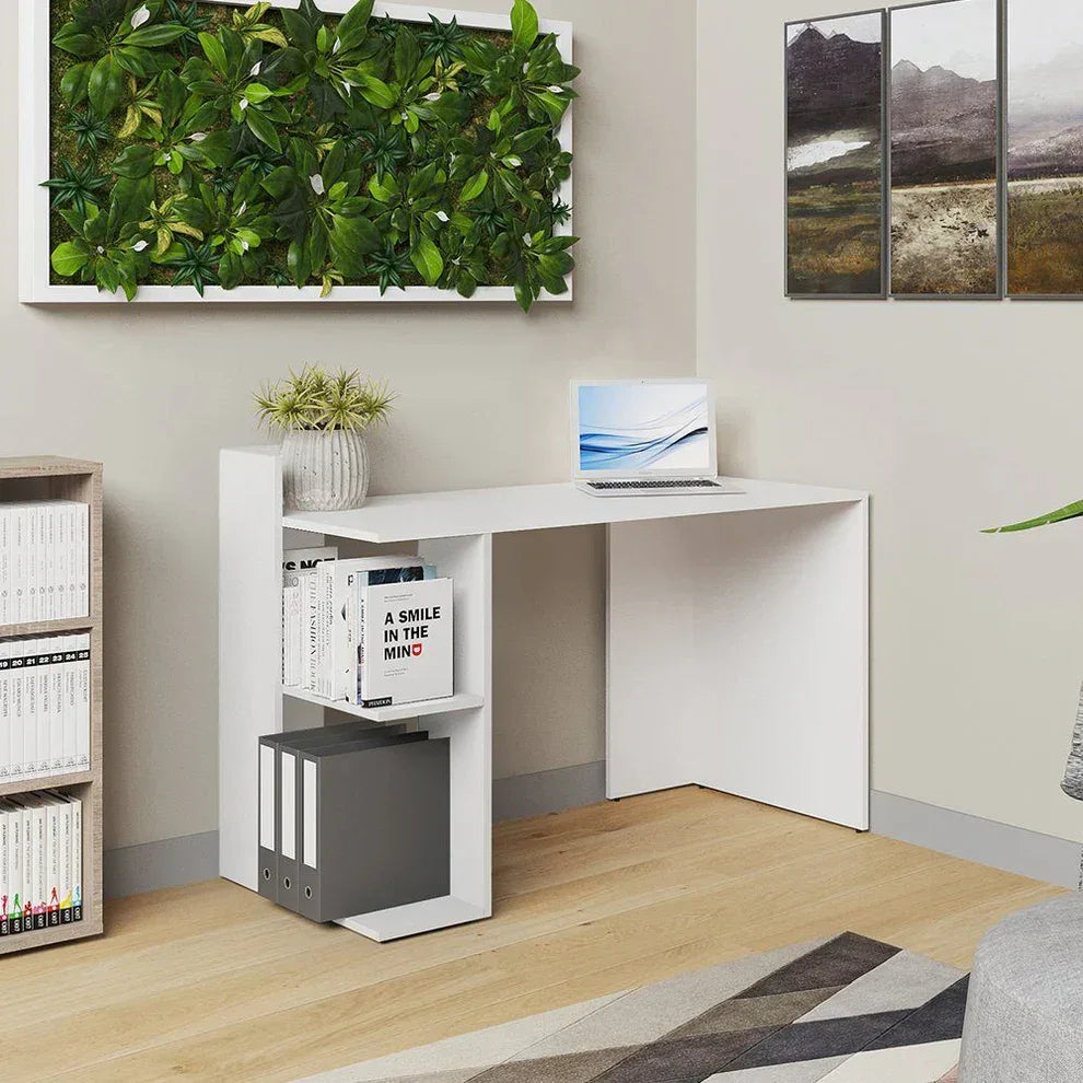 White MDF desk with side shelf and open cubby, 130x50x85cm