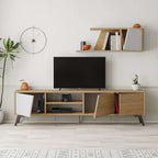 Low TV stand with open compartments and diagonal white panel, light wood and white