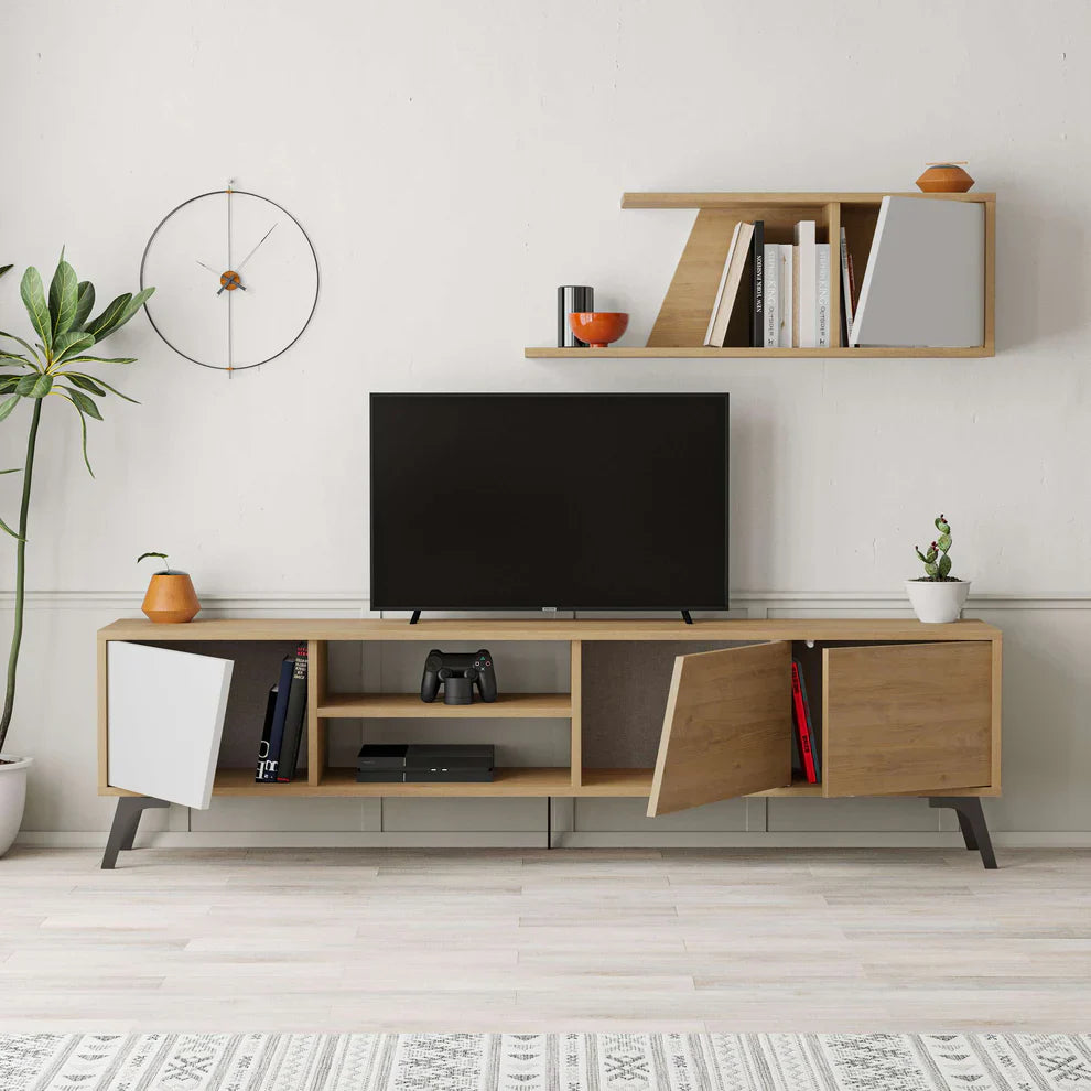 Low TV stand with open compartments and diagonal white panel, light wood and white