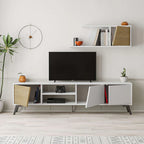 TV stand with open compartments and drawers, white body with light wood side inserts