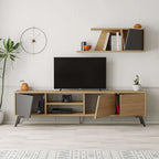 MDF TV console with open compartments and angled side shelf, light oak and dark panels