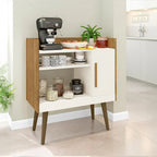 Coffee corner cabinet with open shelves, white panels and wood-look sides, front view
