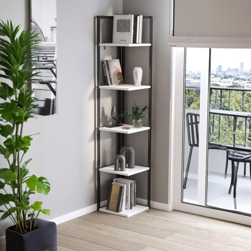 Black metal bookcase with white MDF shelves, open 4-tier design